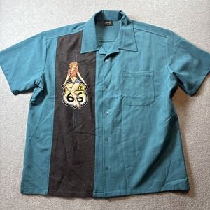 Steady Route 66 Men's Sz 2X Blue Gray Short Sleeve Button Up woman Logo